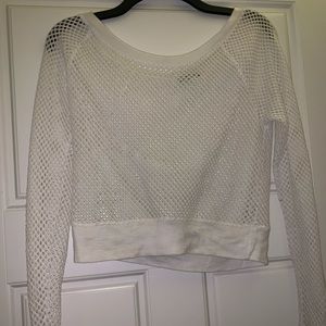 Cropped White Long Sleeve Mesh Sweater